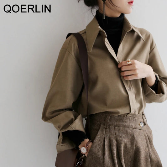 QOERLIN Coffee Blouse Women Spring Shirt