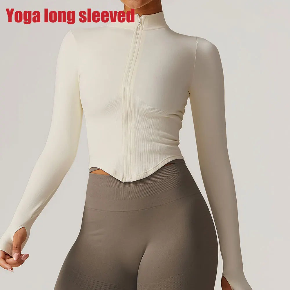 Zipper Jacket Women Crop Tops Yoga T-shirts Solid Sports