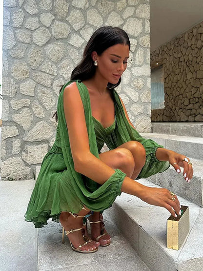 Women's Fashion Green Chiffon Mini Dress Elegant