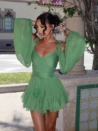 Women's Fashion Green Chiffon Mini Dress Elegant