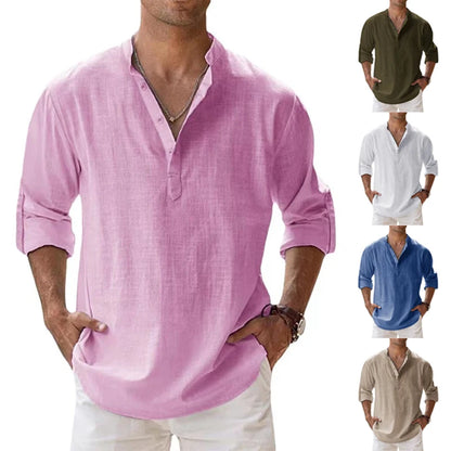 New Men's Linen Long Sleeve Breathable T Shirt