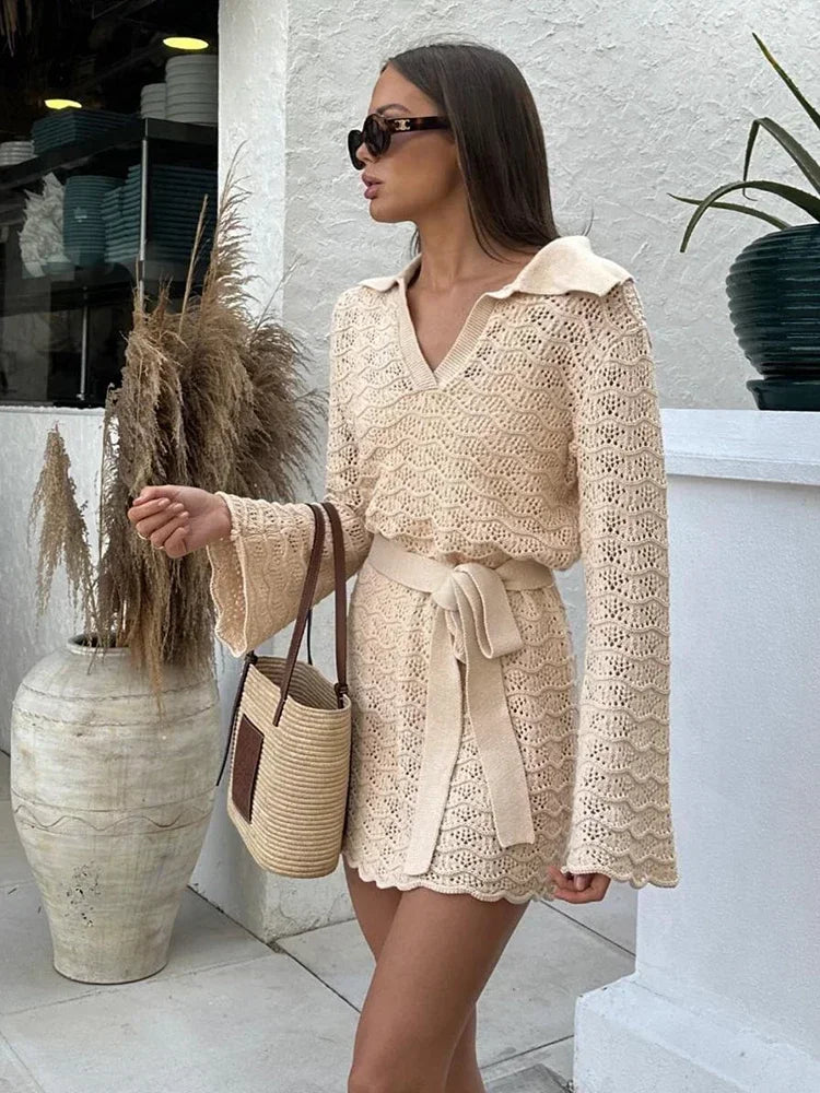 Shirt V-neck Bell Sleeve Belted Beach