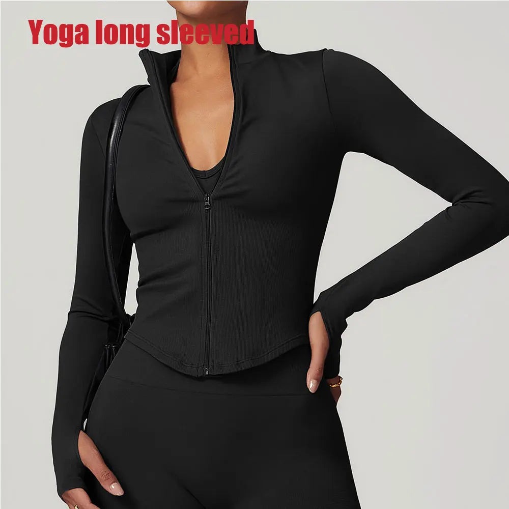 Zipper Jacket Women Crop Tops Yoga T-shirts Solid Sports