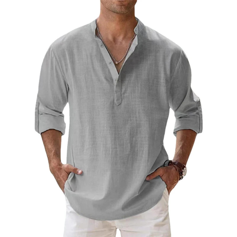 New Men's Linen Long Sleeve Breathable T Shirt